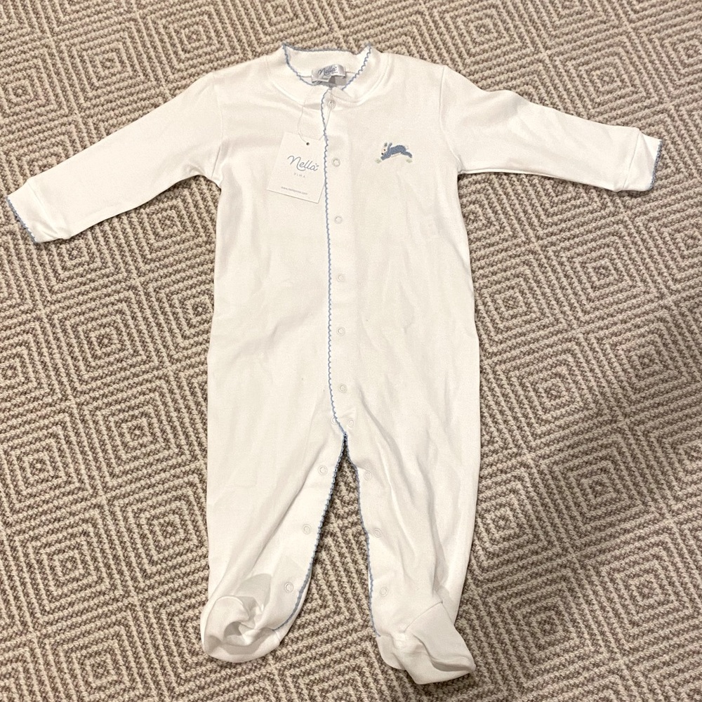 Bella prima- white button footie. Size 6-9months